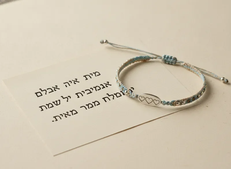 פתק בכתב יד בעברית לצד צמיד חברות עם תווית חרוטה קטנה