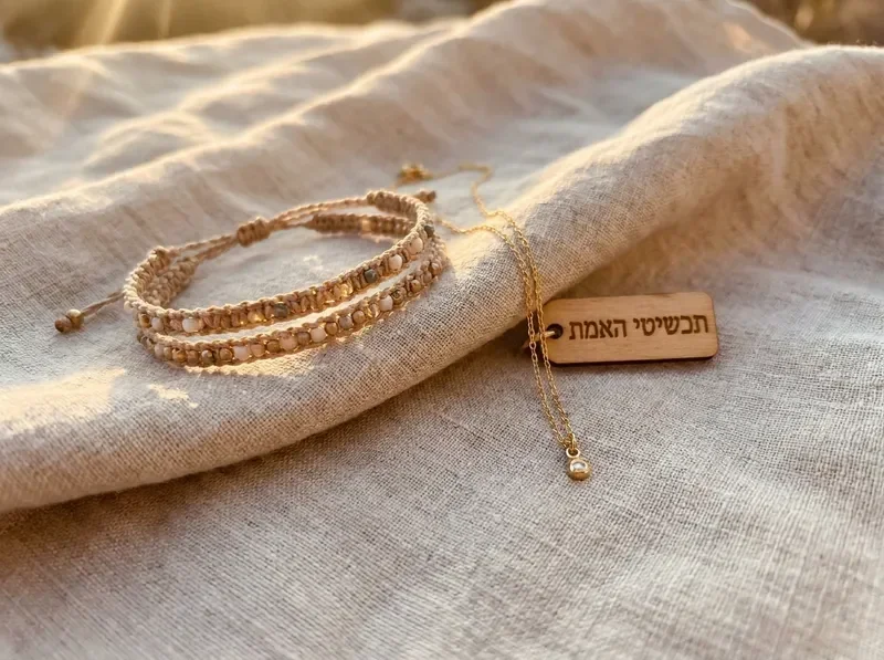 צמידי חברות תואמים ושרשרת עדינה על בד פשתן, צילום באור חמים